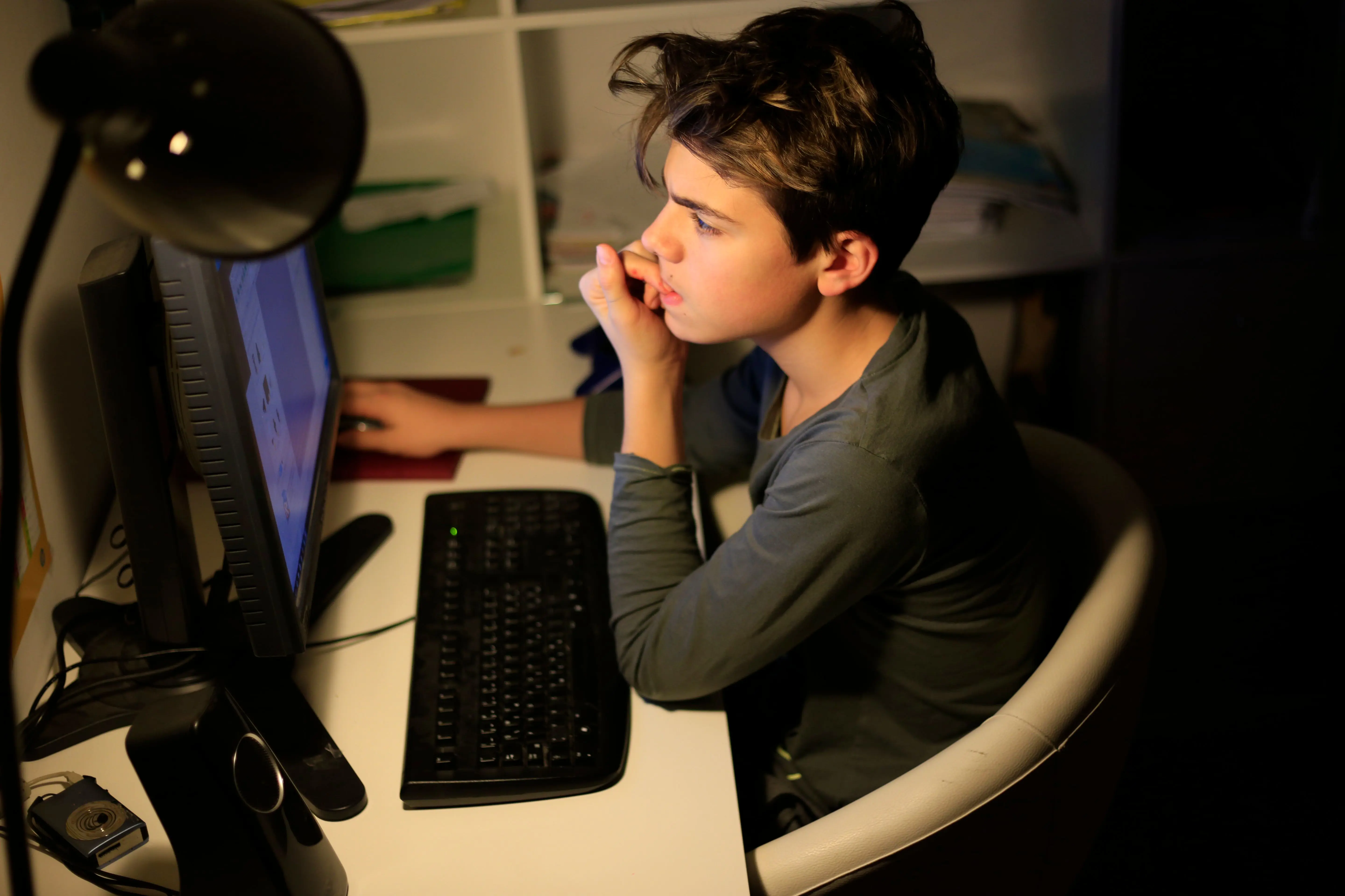 Dreng sidder foran computer og bider negle